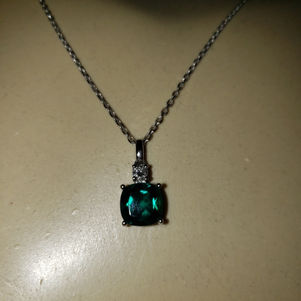 14kt White Gold Emerald and Diamond Pendant